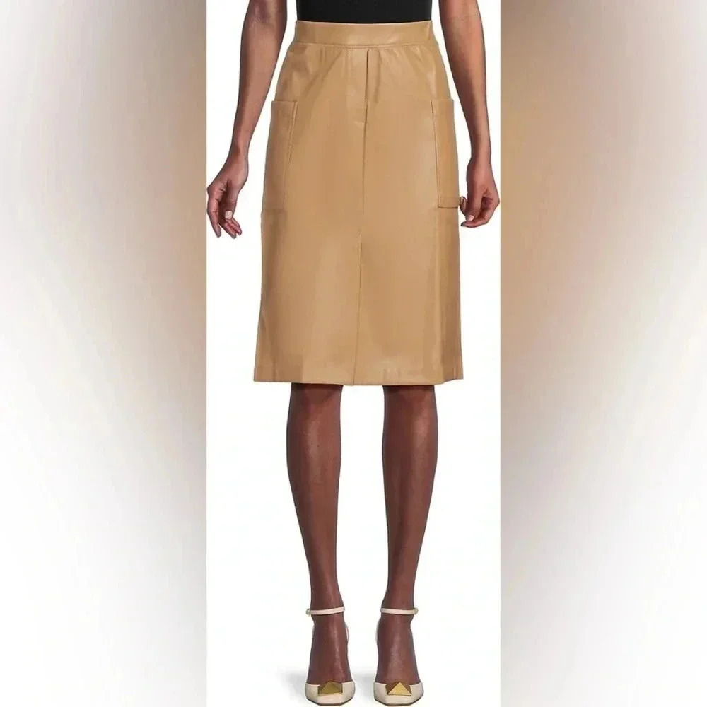 Laundry by Shelli Segal Women's Tan Pencil Skirt M Knee Length Vegan Leather